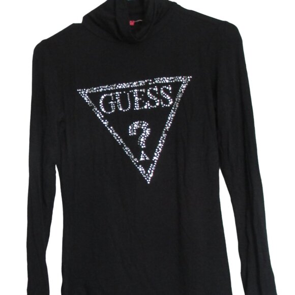 Guess Turtle Neck T Shirt Womens Medium Black‎ Long Sleeve Pullover Sequin Top - Picture 1 of 4